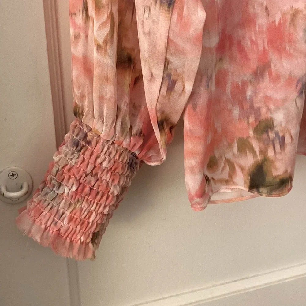 Misa Los Angeles Pink Long Sleeve Ruffled Blouse with Mandarin Collar - Picture 3 of 7